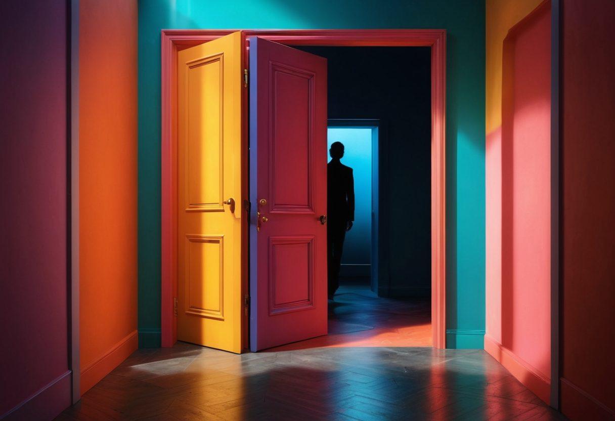 A vibrant, surreal scene showcasing an open doorway leading to a tantalizing, mysterious realm filled with shadowy figures and abstract shapes, hinting at explicit and provocative themes. The atmosphere should be charged with curiosity and intrigue, featuring bold colors and contrasting shadows to evoke a sense of both allure and caution. Elements of voyeurism, like peeking eyes within the door, should be subtly integrated into the design. Abstract art style with fluid lines and dynamic shapes. super-realistic. vibrant colors.