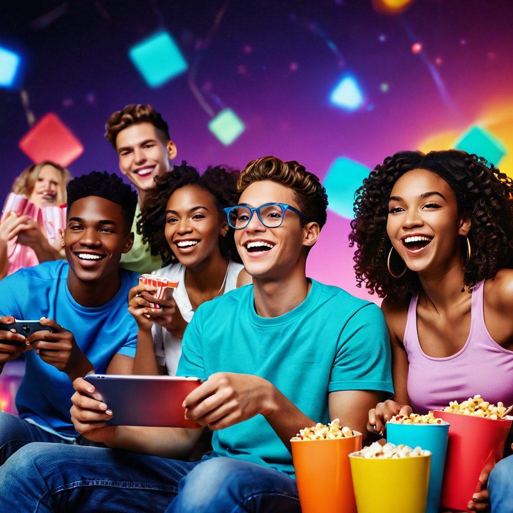 A dynamic and colorful scene of a group of diverse young adults joyfully streaming content on various devices, surrounded by playful elements like popcorn, game controllers, and party decorations. Bright neon lights illuminate their happy faces, capturing the essence of youthful excitement and adventure in a digital realm. Incorporate abstract streaming icons and playful animations in the background. super-realistic. vibrant colors. 3D.