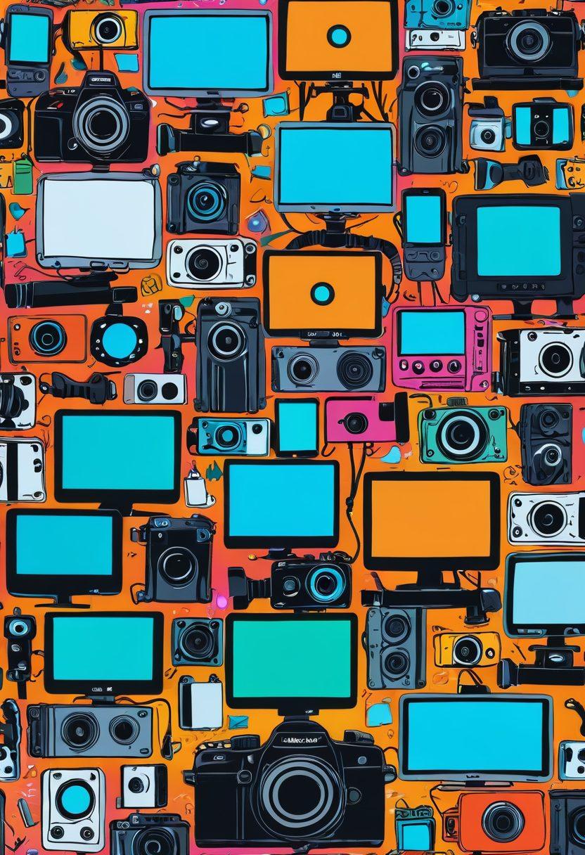 A vibrant collage of various amateur video setups, featuring a playful room filled with cameras, tripods, and colorful lighting. Playful characters joyfully engaging with their cameras, while funny doodles and icons float around representing digital content. The background should have a streaming interface shown on a screen, showcasing humorous video clips. Energetic and inviting atmosphere with a blend of creativity and spontaneity. cartoon style. bright colors.